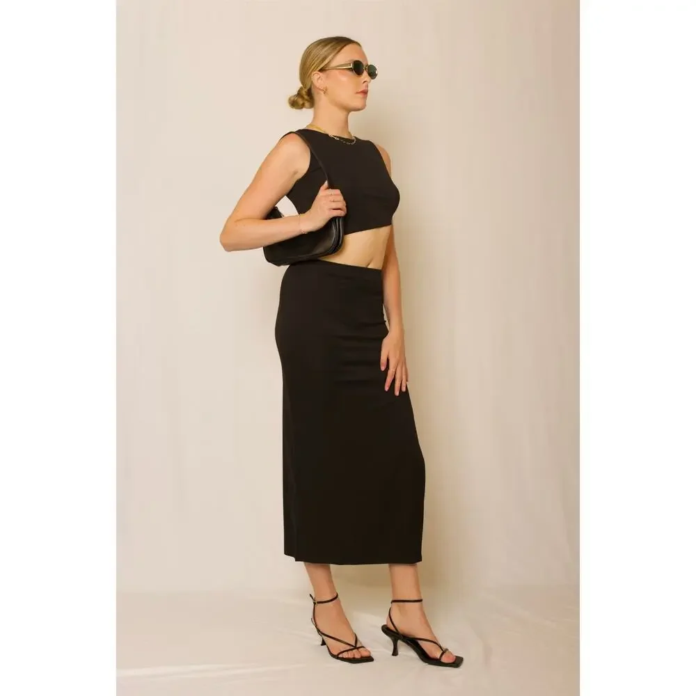 Julianne Bartolotta Black Side Slit Crop Tank Top Midi 2 Piece Skirt Set Size S